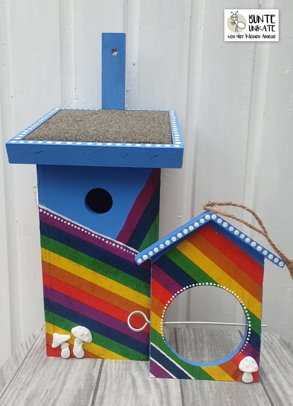 Set Vogelhaus mit Futterhalter - Regenbogen